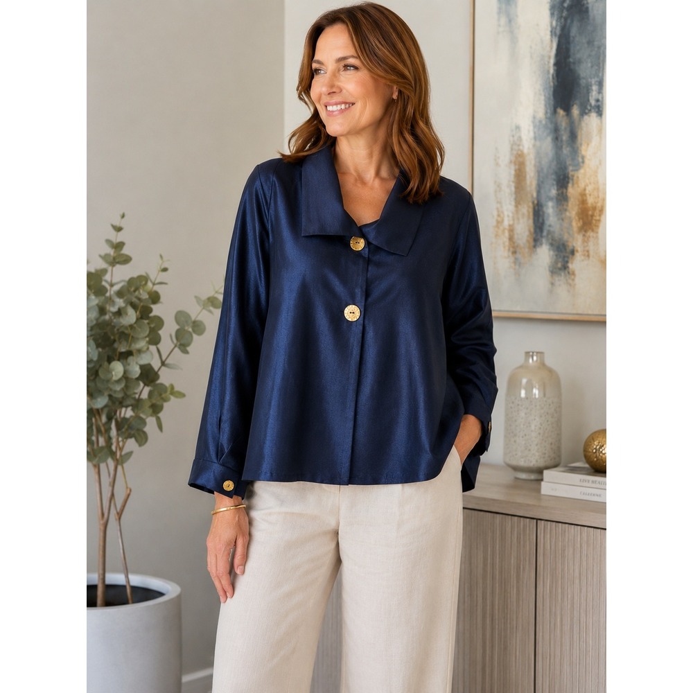 Navy Blue Silk Swing Top Brown Floral Ornate Buttons Wide Collar Boxy Fit 2XL